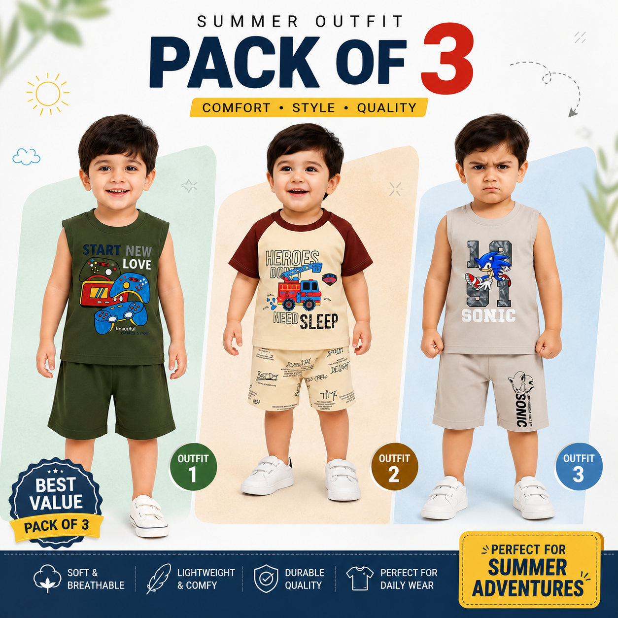 Pack of 3 Boys Sleeveless T-Shirt & Shorts Set (EB 666)