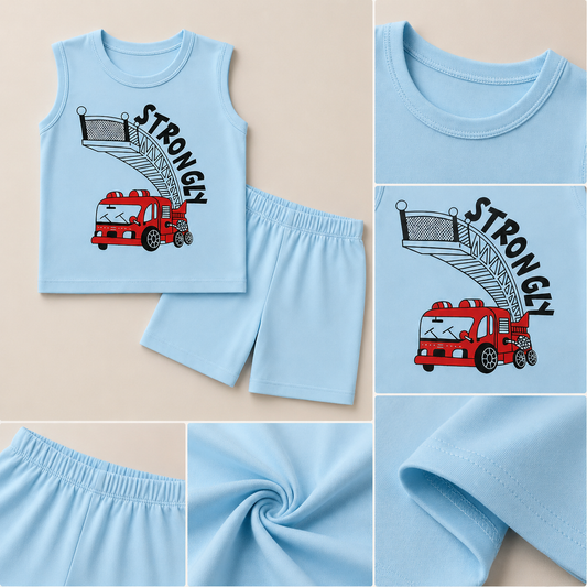 Kids Fire Truck Sleeveless Summer Co-Ord Set EB-280 - kids clothing by New Outfit Pakistan - image 3