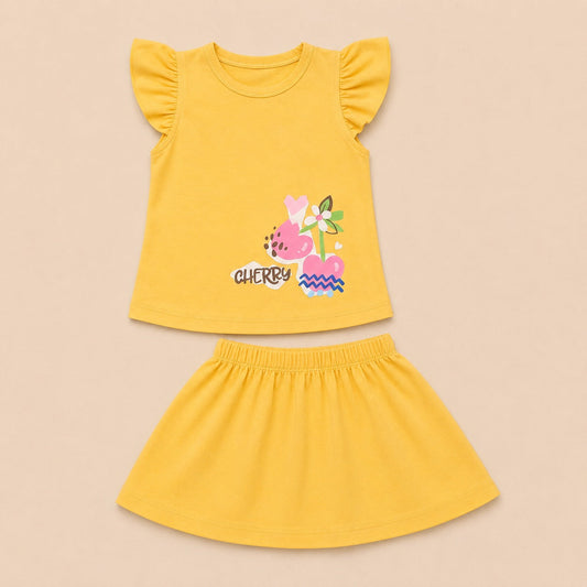 Baby Girls Flutter Sleeve Top & Skirt Set – Cherry Print - kids clothing by New Outfit Pakistan - image 3
