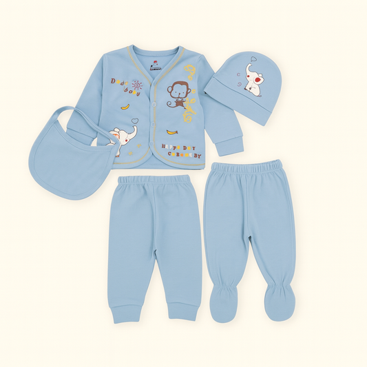 5-Piece Infant Dress Set – Soft PC Fabric Newborn Outfit with Bib, Cap & Pants - kids clothing by New Outfit Pakistan