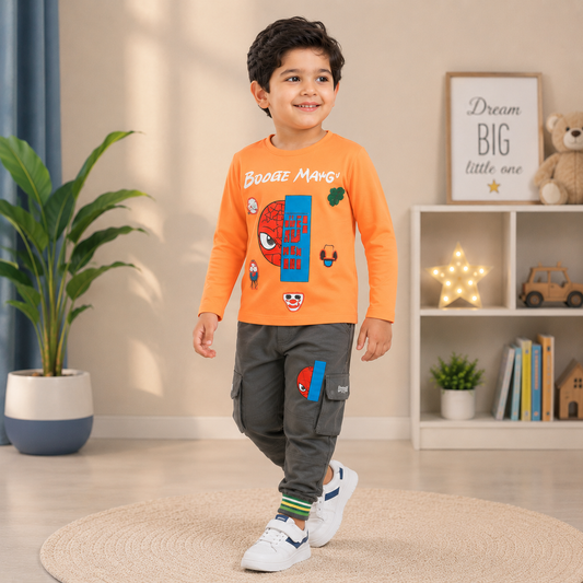 Boys Superhero Graphic Full Sleeve T-Shirt with Cargo Jogger Pants | 2 Piece Outfit (NO-25026)