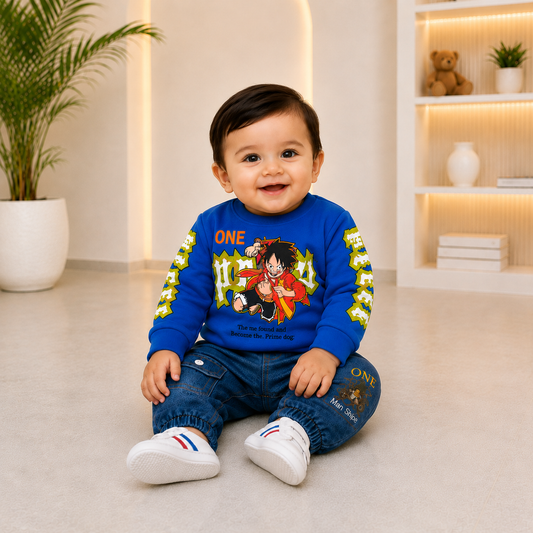 Baby Boys Graphic Sweatshirt & Denim Jogger 2-Piece Suit – Red, Yellow & Blue (NOF-1948)