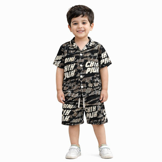 Boys China Imported Printed Summer Co-Ord Set (Shirt & Shorts) – Black & Beige