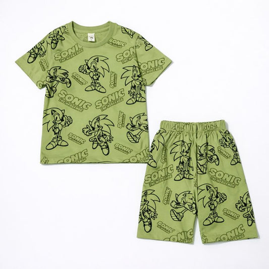 Boys Green Sonic Printed Summer Set – T-Shirt & Shorts | 2-Piece Outfit | Soft Jersey Fabric