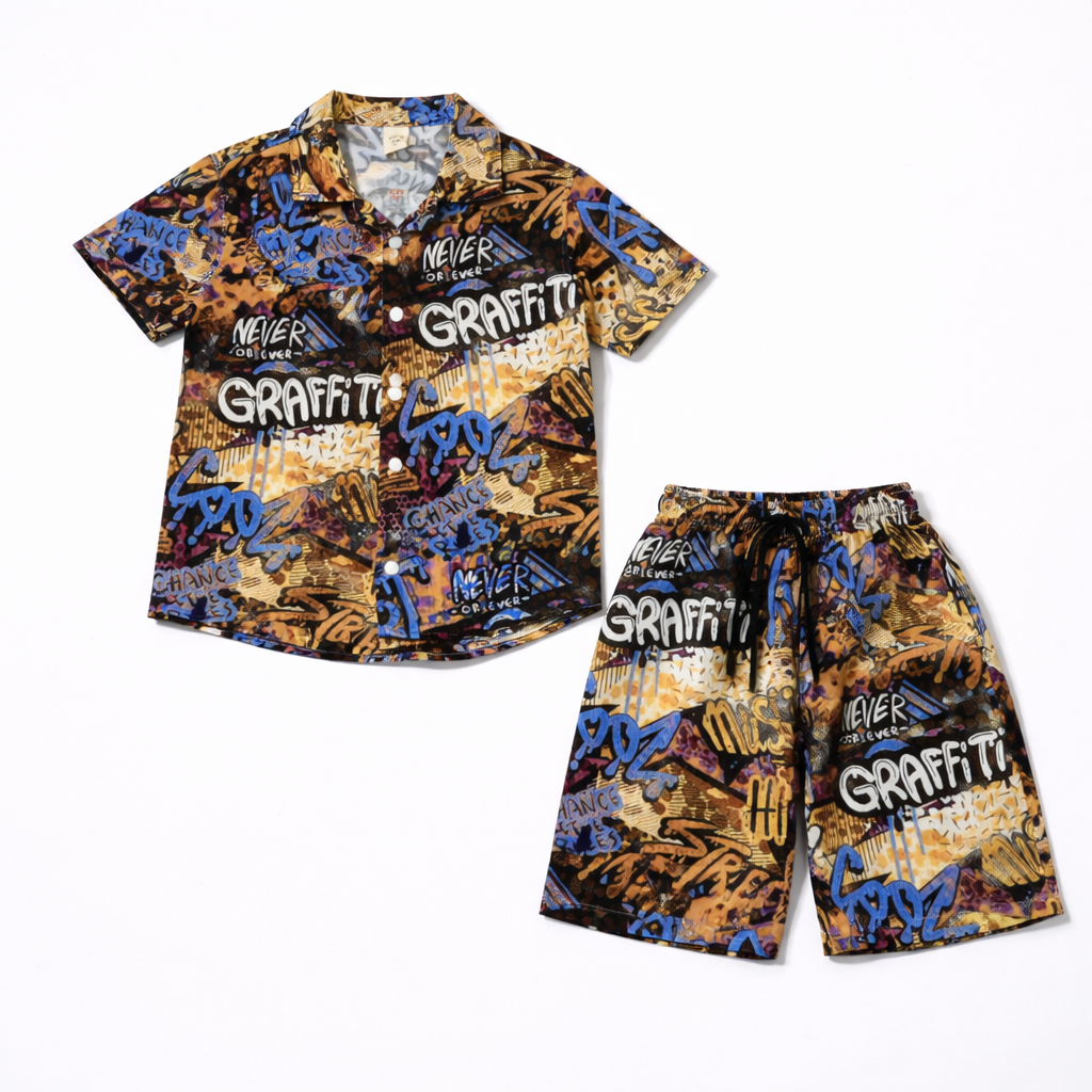 Boys Printed Summer Co-Ord Set – Shirt & Shorts | China Imported Fabric | Graffiti Style