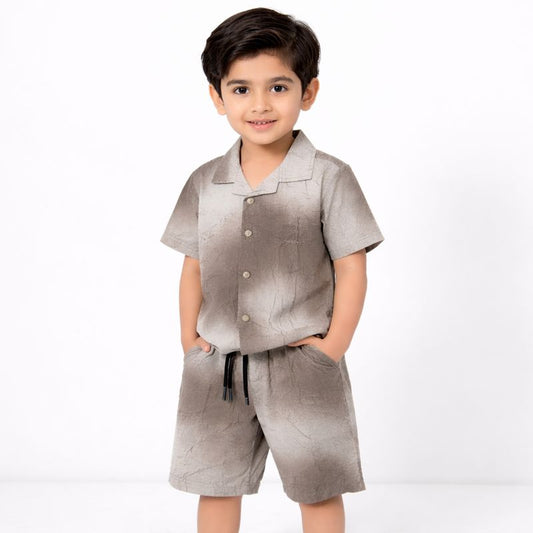 Boys Beige Printed Summer Co-Ord Set – Shirt & Shorts | China Imported Fabric