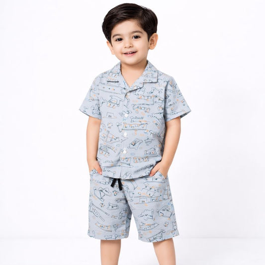 Boys Light Grey Printed Summer Co-Ord Set – Shirt & Shorts | 2-Piece Outfit | China Imported Fabric