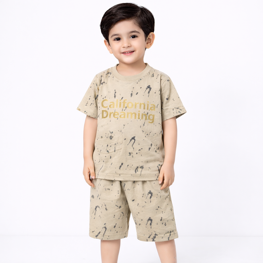 Boys Beige “California Dreaming” Summer Set – T-Shirt & Shorts | 2-Piece Outfit | Jersey Fabric