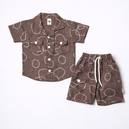 Boys Brown Printed Summer Co-Ord Set – Shirt & Shorts | 2-Piece Outfit | China Imported Fabric