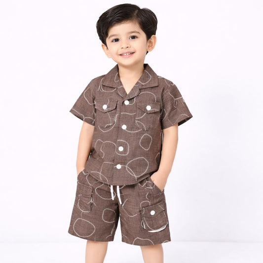 Boys Brown Printed Summer Co-Ord Set – Shirt & Shorts | 2-Piece Outfit | China Imported Fabric