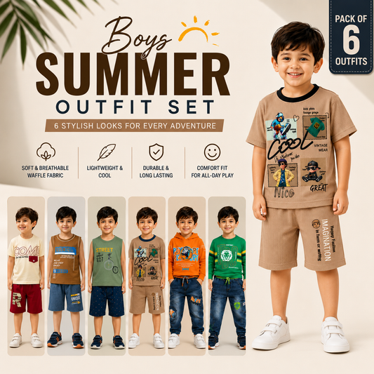 Boys Summer Outfit Set Pack of 6 | Premium Waffle Fabric | Soft & Breathable Kids Wear - kids clothing by New Outfit Pakistan