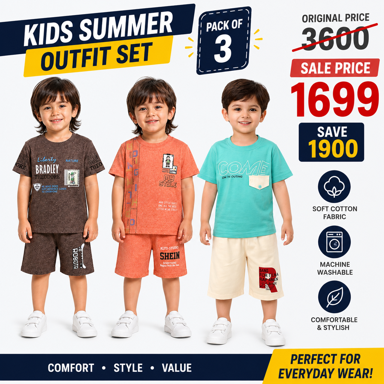 Kids Trendy Summer Outfit Deal – Pack of 3