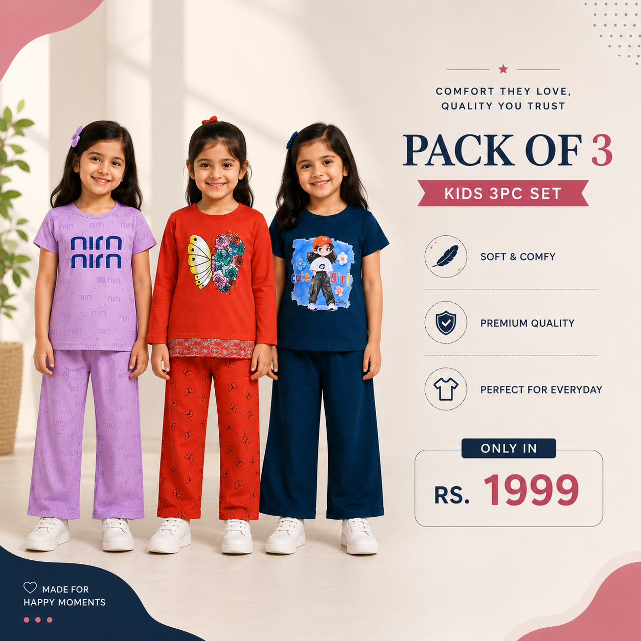 Girls Jersey Kids Outfit Set – Pack of 3 | Soft & Comfortable Everyday Wear 🌸