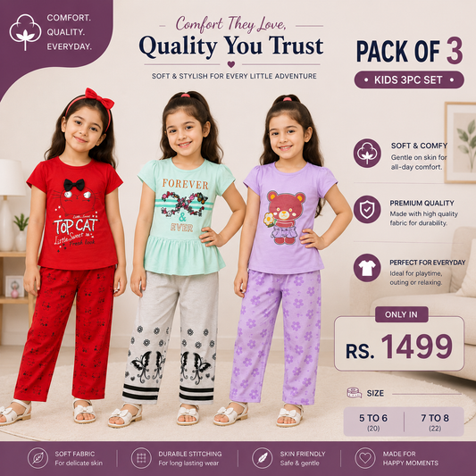 Girls Jersey Pack of 3 | Soft & Comfortable Kids Wear✨ - kids clothing by New Outfit Pakistan