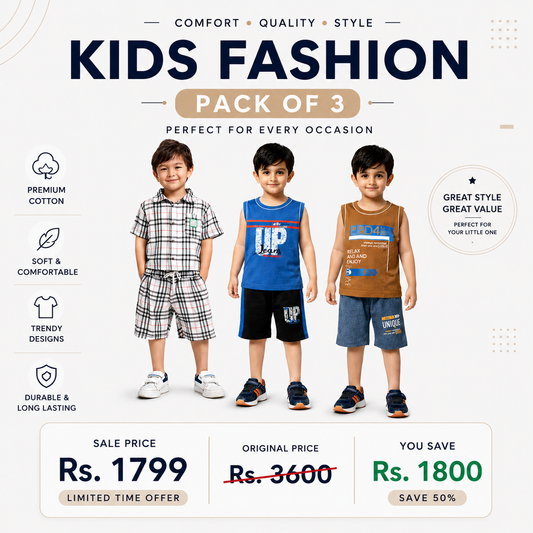 Kids Fashion Summer Outfit Pack of 3 – Premium Cotton Boys T-Shirt & Shorts Sets - kids clothing by New Outfit Pakistan