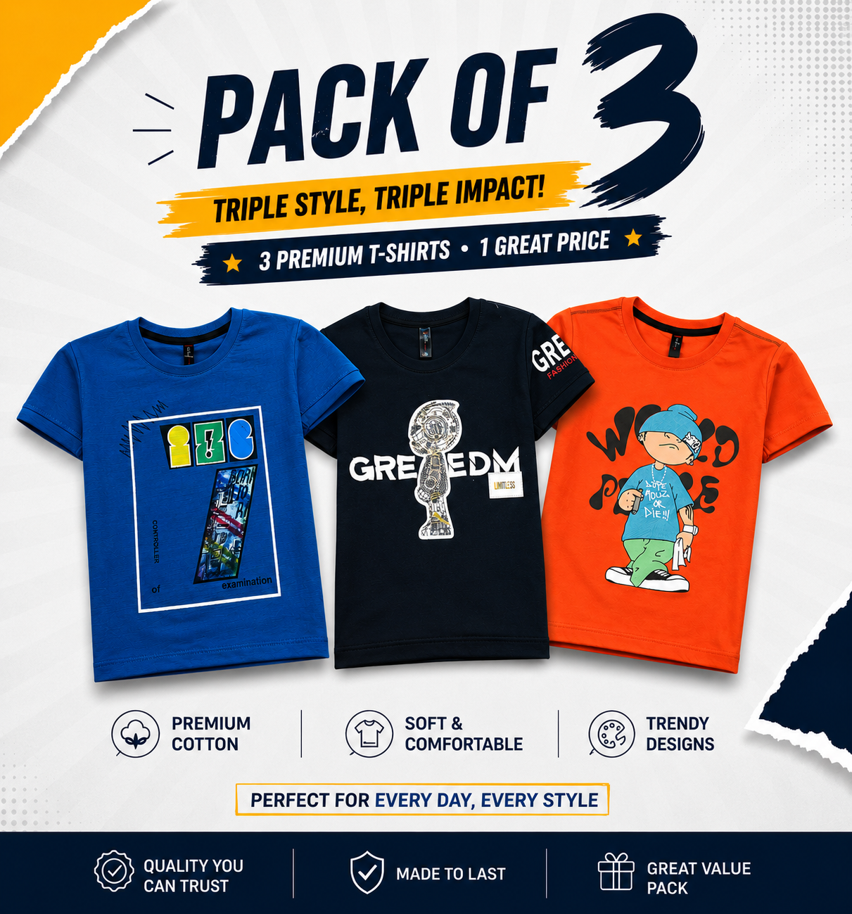 Boys Stylish Pack Of 3 Half Sleeves T-Shirts (Vol 1)