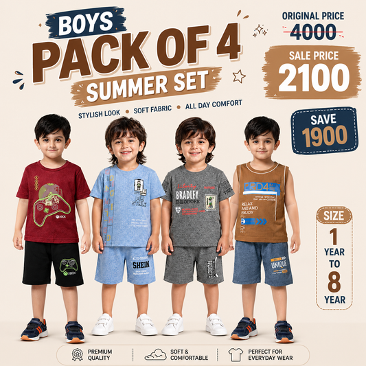 Kids Pack of 4 Summer Outfit Set for Boys | Trendy Cotton Wear - kids clothing by New Outfit Pakistan