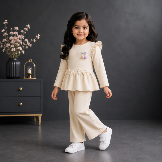 Girls Premium Ruffle Peplum Top & Wide-Leg Trouser 2-Piece Suit – Bow Detail (CHINA IMPORTED)