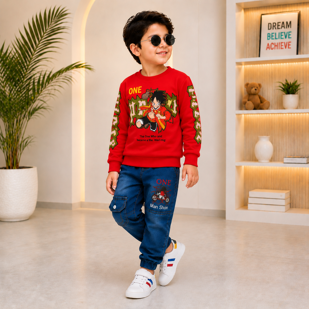 Boys Anime Graphic Sweatshirt & Denim Cargo Jogger 2-Piece Set – Red, Yellow & Blue(NOF-1949)