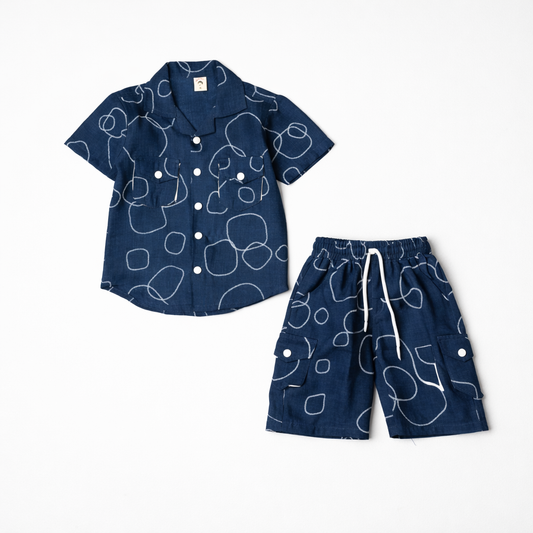 Boys China Imported Navy Blue Printed Shirt & Shorts Set – 2 Piece Summer Outfit
