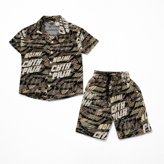 Boys China Imported Printed Summer Co-Ord Set (Shirt & Shorts) – Black & Beige