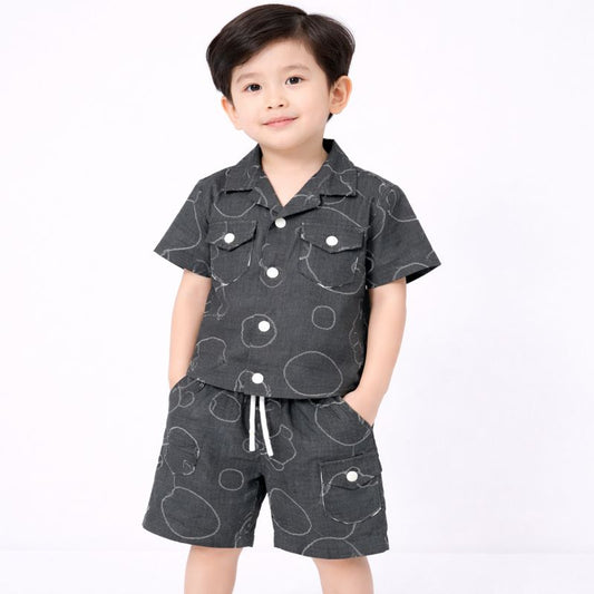 Boys Dark Grey Printed Summer Co-Ord Set – Shirt & Shorts | 2-Piece Outfit | China Imported Fabric