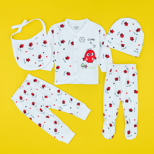 5-Piece Infant Dress Set – Soft PC Fabric Newborn Outfit with Bib, Cap & Pants (Red)