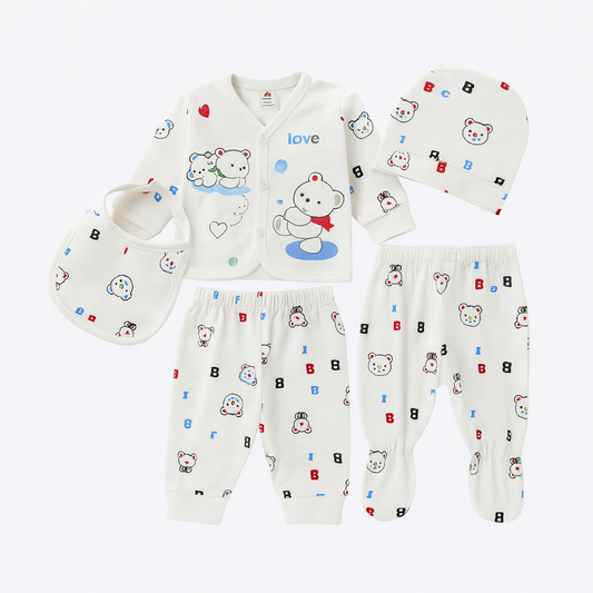 5-Piece Infant Dress Set – Soft PC Fabric Newborn Outfit with Bib, Cap & Pants (White 01)