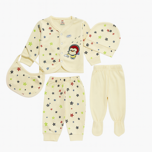 5-Piece Infant Dress Set – Soft PC Fabric Newborn Outfit with Bib, Cap & Pants - kids clothing by New Outfit Pakistan