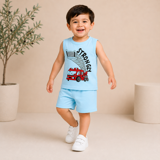 Kids Fire Truck Sleeveless Summer Co-Ord Set EB-280 - kids clothing by New Outfit Pakistan