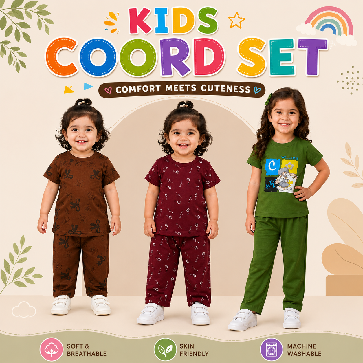 Kids Multicolor Pack of 3 Co-ord Set 9832