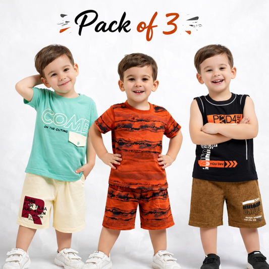 Pack of 3 Boys Summer Co-Ord Sets – Soft Cotton T-Shirt & Shorts Combo for Kids - kids clothing by New Outfit Pakistan