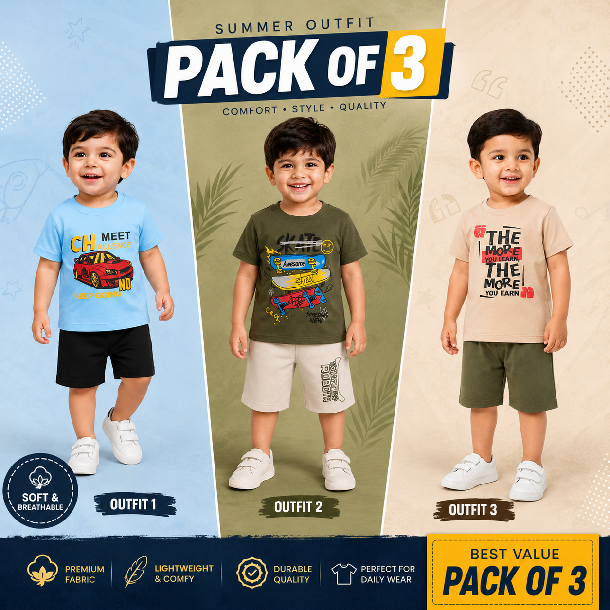 Premium Pack of 3 Boys Summer T-Shirt & Shorts Set (eb 333)