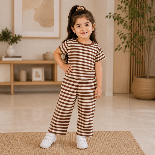 Girls Brown Stripe Co-Ord Shorts Set  EG-159