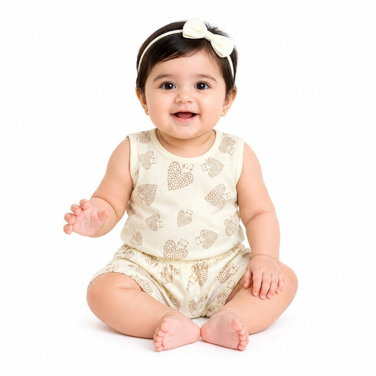 Baby Girls Sleeveless Romper Set – Cream Heart Print