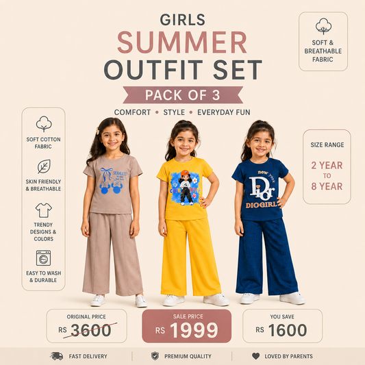 Girls Summer Outfit Set – Pack of 3 | Soft Jersey Casual Wear for Girls (2–8 Years) 🌸 (eb-02)
