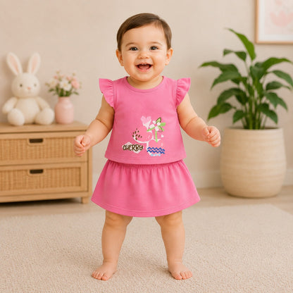 Baby Girls Flutter Sleeve Top & Skirt Set – Cherry Print