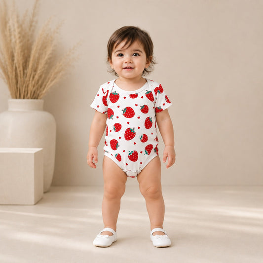 Baby Strawberry Print Romper – Premium Jersey Fabric