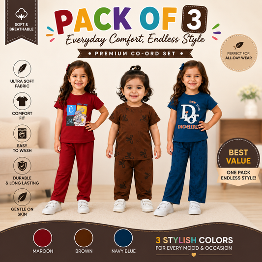 Girls Pack of 3 Co-Ord Set – Soft Cotton Casual Summer Outfit Multi Color (EB 617) (Multicolors)