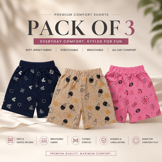 Girl Premium Jersey Shorts Pack of 3 – Soft, Stretchable & Breathable Summer Shorts