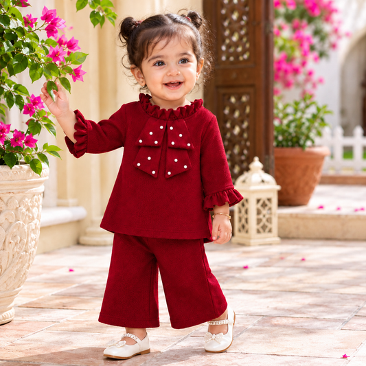 Girls Maroon Pearl Bow Co-Ord Set EG-160