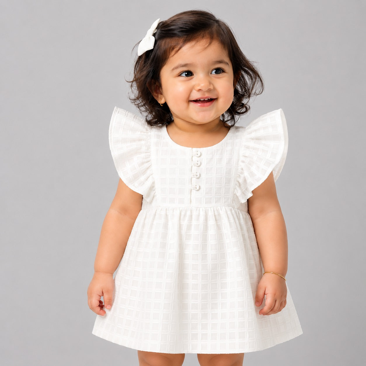 Girls White Textured Flutter Sleeve Dress (EB 615)