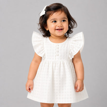 Girls White Textured Flutter Sleeve Dress (EB 615)
