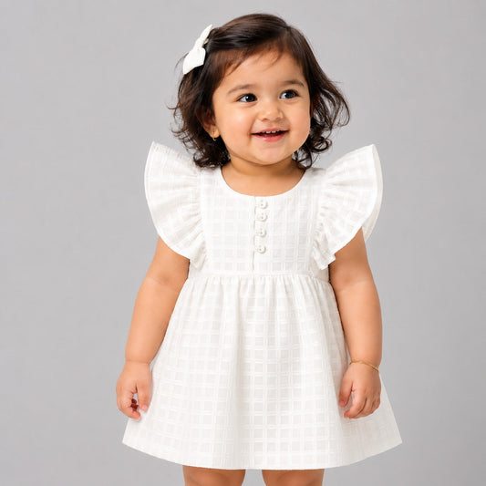 Girls White Textured Flutter Sleeve Dress (EB 615)