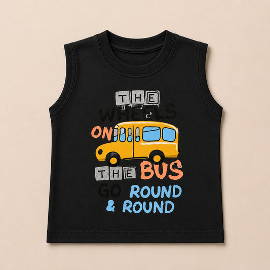 Boys Black Sleeveless T-Shirt with Bus Print - kids clothing by New Outfit Pakistan