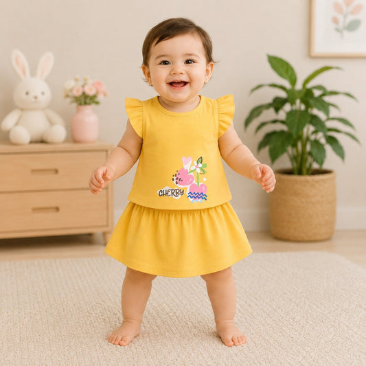 Baby Girls Flutter Sleeve Top & Skirt Set – Cherry Print