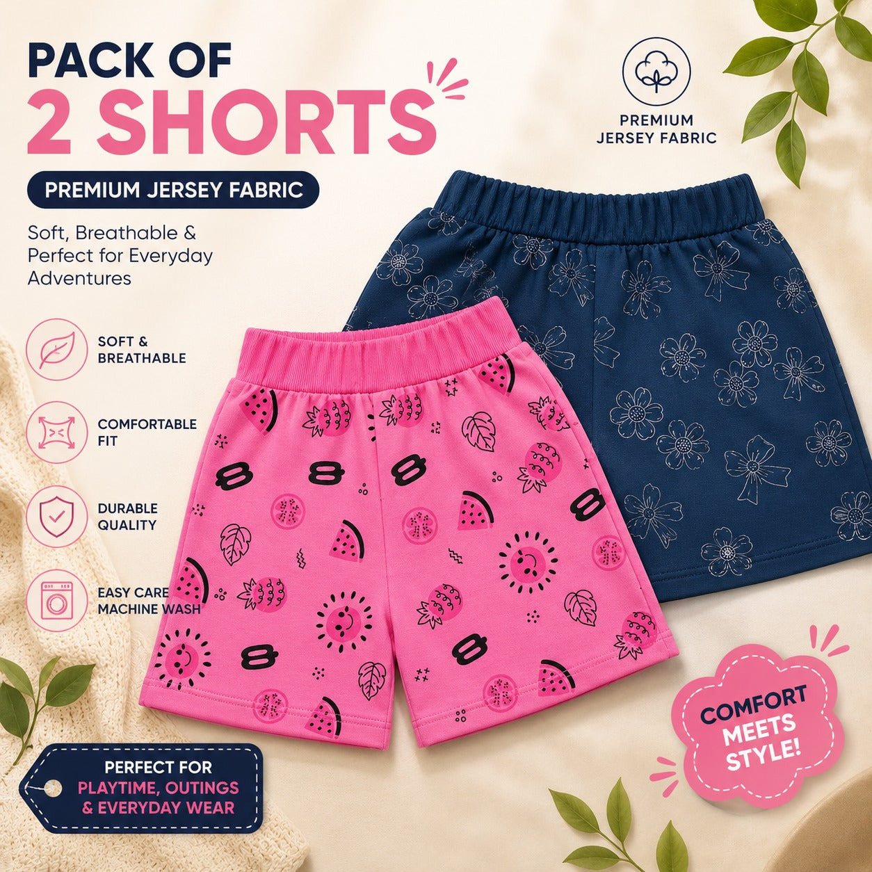 Girls Premium Jersey Shorts Pack of 2 – Soft, Breathable & Stylish Kids Shorts