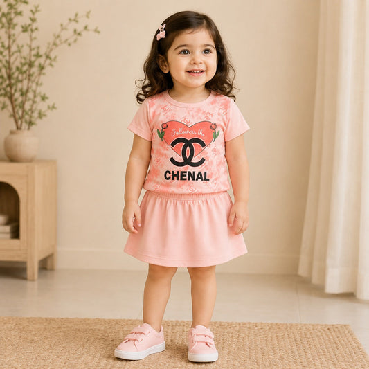 Girls Printed Top & Skirt Set – Soft Jersey Fabric