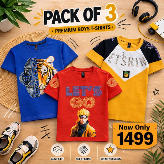 Premium Boys Graphic T-Shirts (Pack of 3) | Anime & Urban Styles | Assorted Colors