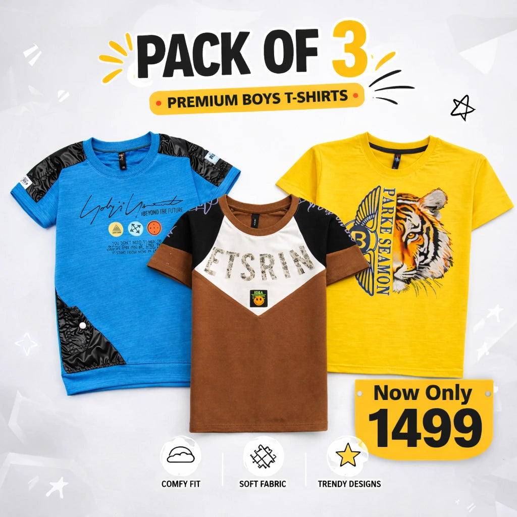 Premium Boys Graphic T-Shirts (Pack of 3) | Soft Fabric, Comfy Fit & Trendy Designs